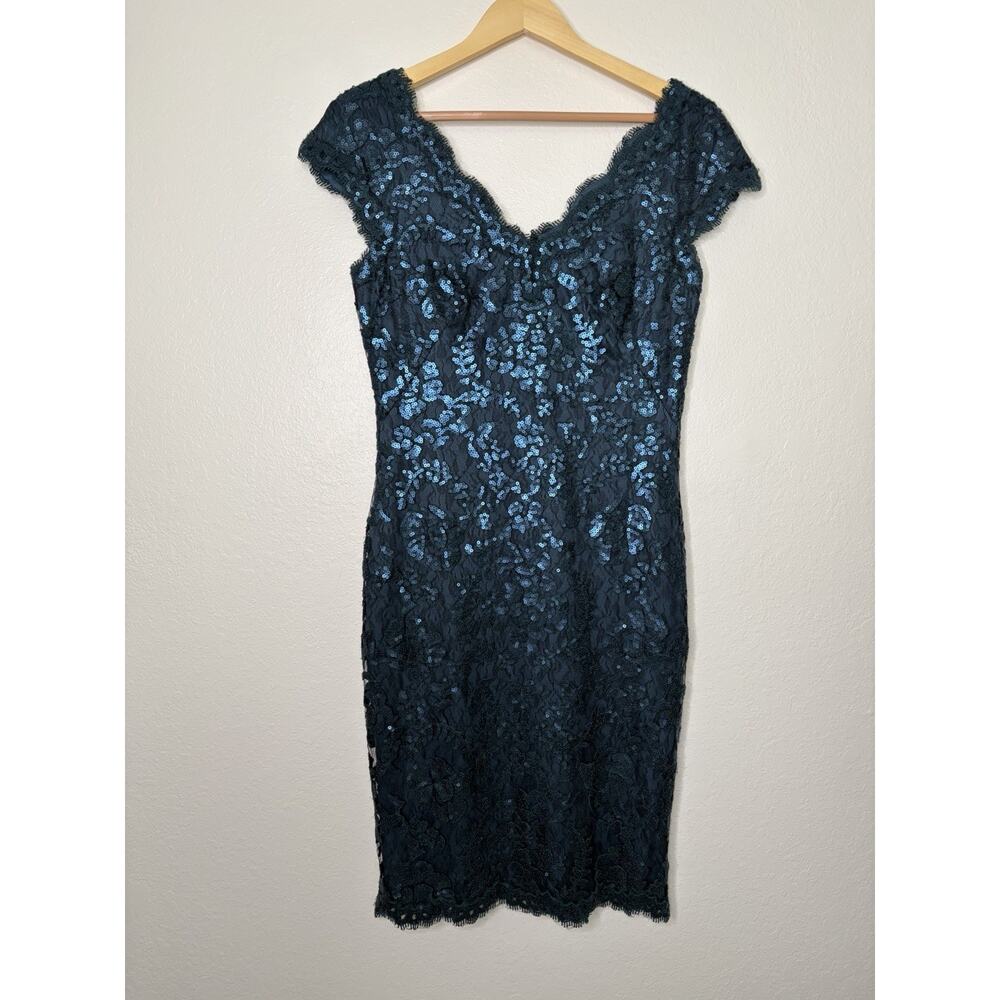 Tadashi Shoji Paillette Blue Embroidered Lace Sequin Sheath Dress Size 8 Regal - Picture 2 of 8